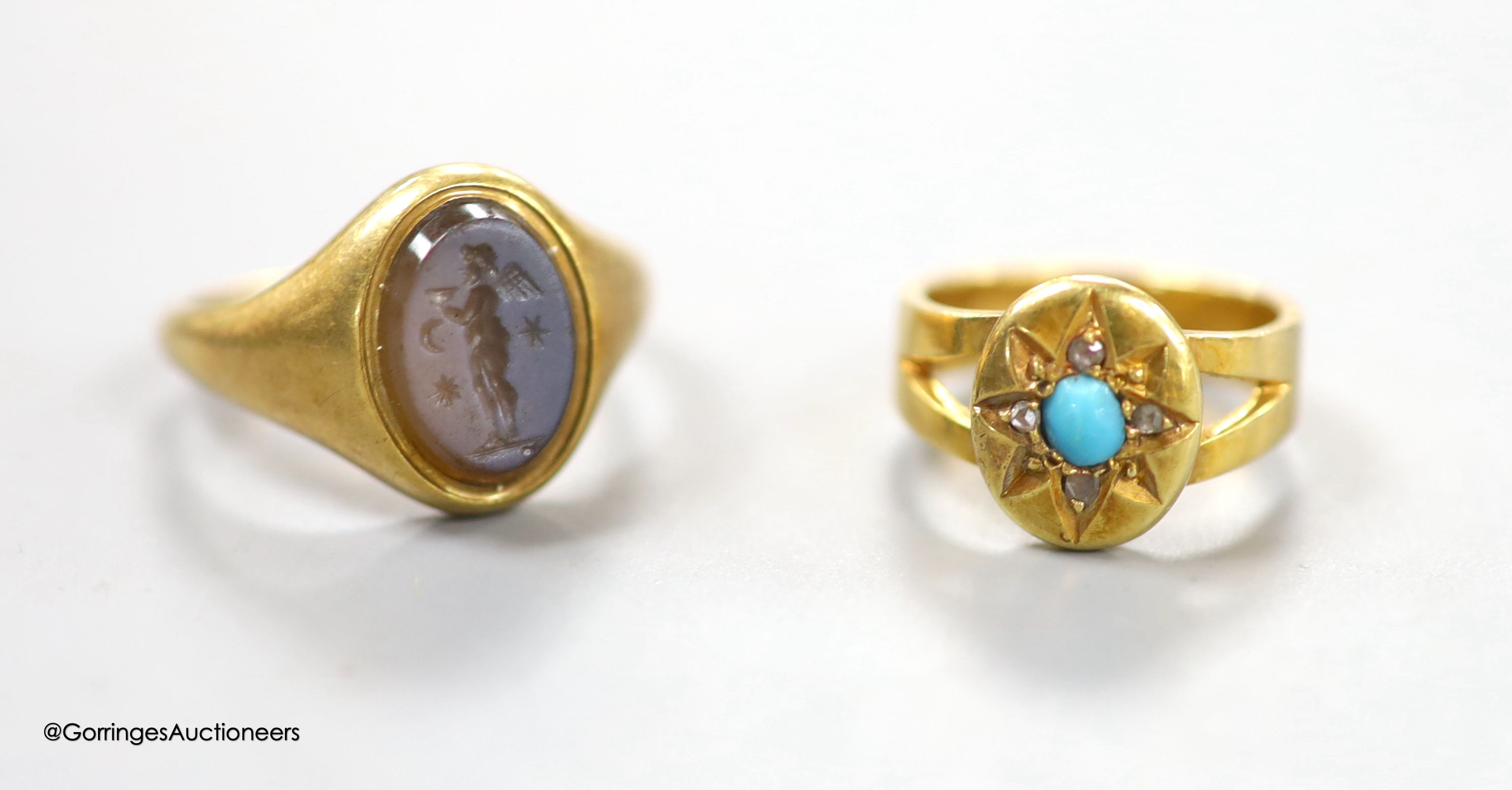 A 19th century yellow metal and oval sardonyx set signet ring, carved with a cherub, size L, gross 3.8 grams (a.f.), together with an 18ct, turquoise and rose cut diamond set child's ring, size C/D, gross 3.8 grams.